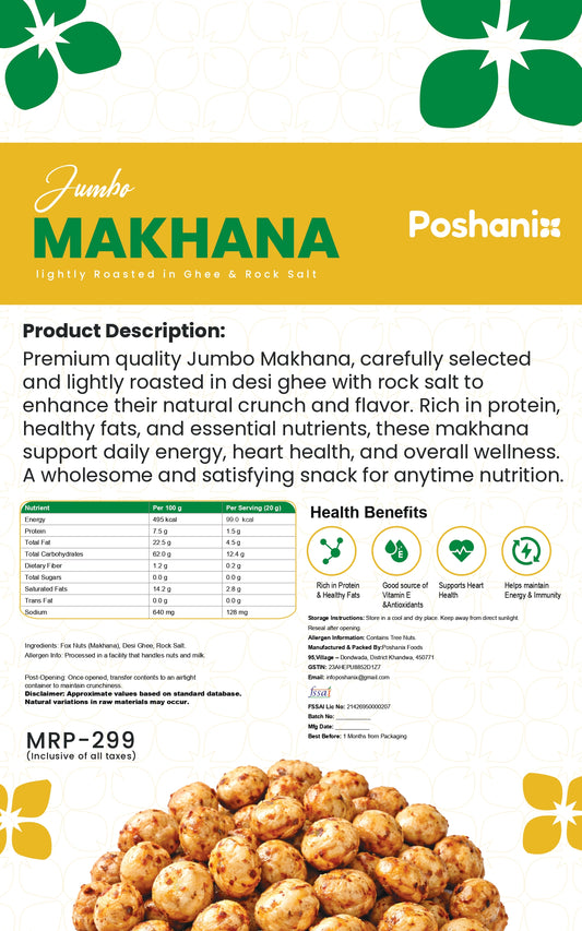 Poshanix Ghee Roasted Jumbo Makhana | Light & Crunchy Healthy Snack