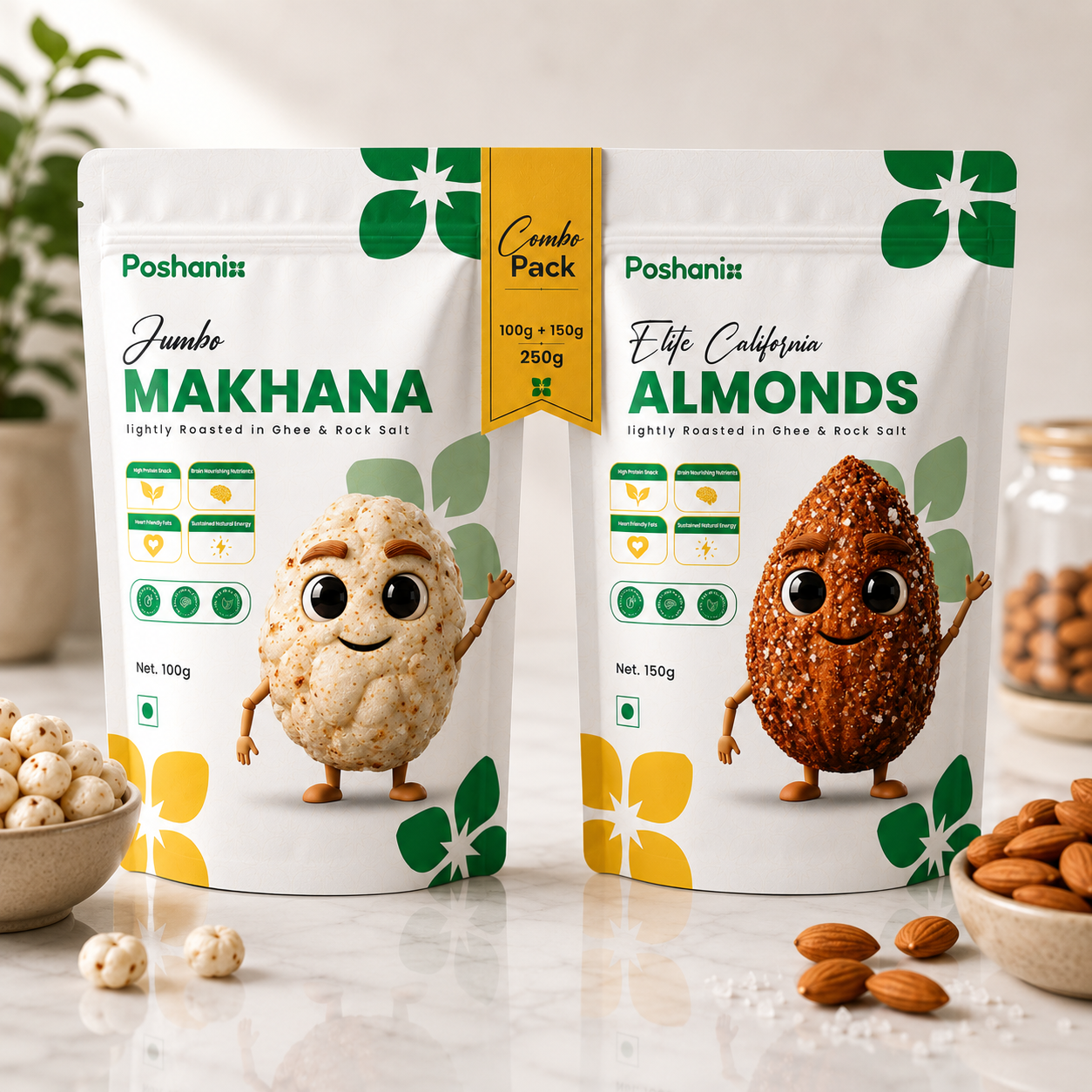 Poshanix Healthy Snack Combo | Ghee Roasted Jumbo Makhana & Elite California Almonds