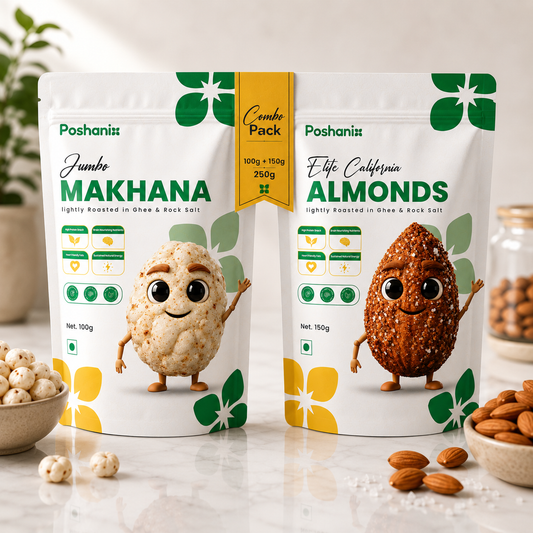 Poshanix Healthy Snack Combo | Ghee Roasted Jumbo Makhana & Elite California Almonds