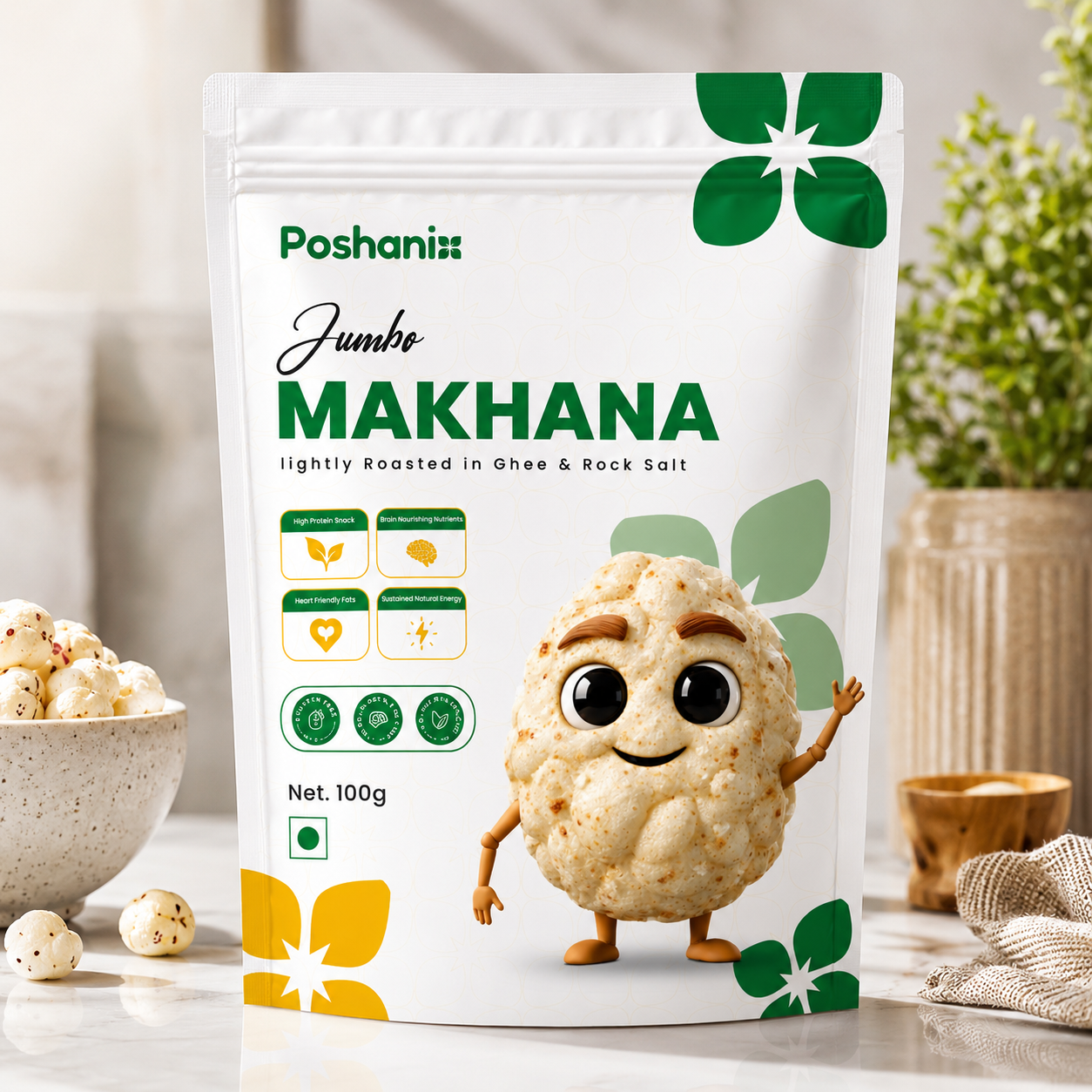 Poshanix Ghee Roasted Jumbo Makhana | Light & Crunchy Healthy Snack